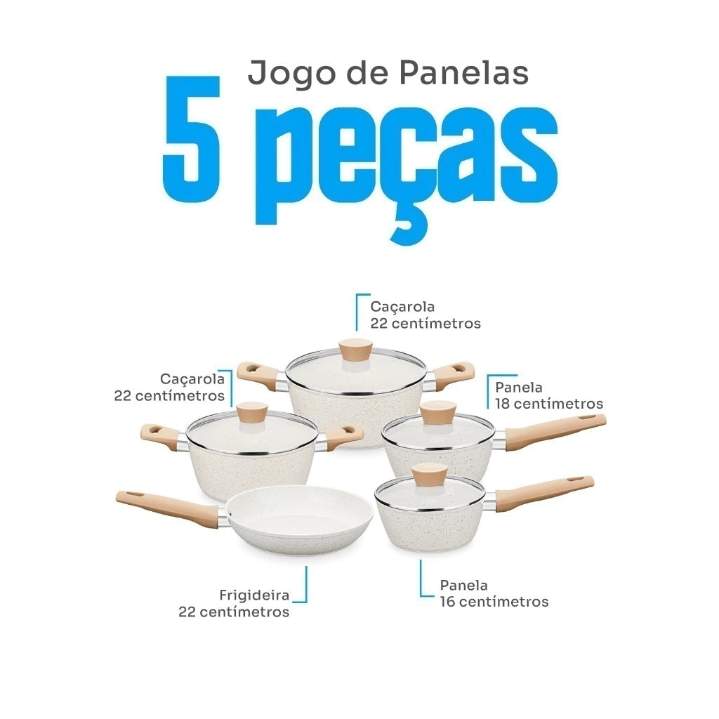 Conjunto de Panelas Carmela Vanilla MTA 5 Peças com Revestimento Ceramic Flon
