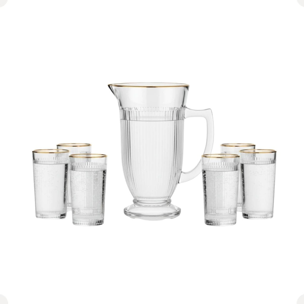 Jarra com 6 Copos de Vidro com Borda Dourada – Lila