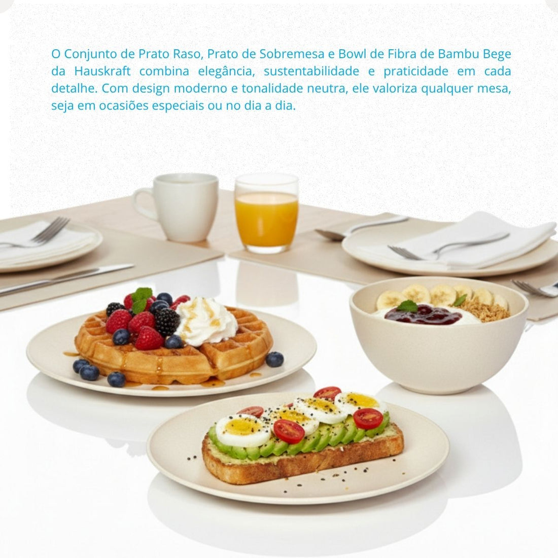 Kit Mesa Posta Fibra de Bambu Bowl 600ml + Prato 20cm + Prato 27cm Bege