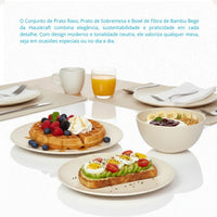 Kit Mesa Posta Fibra de Bambu Bowl 600ml + Prato 20cm + Prato 27cm Bege