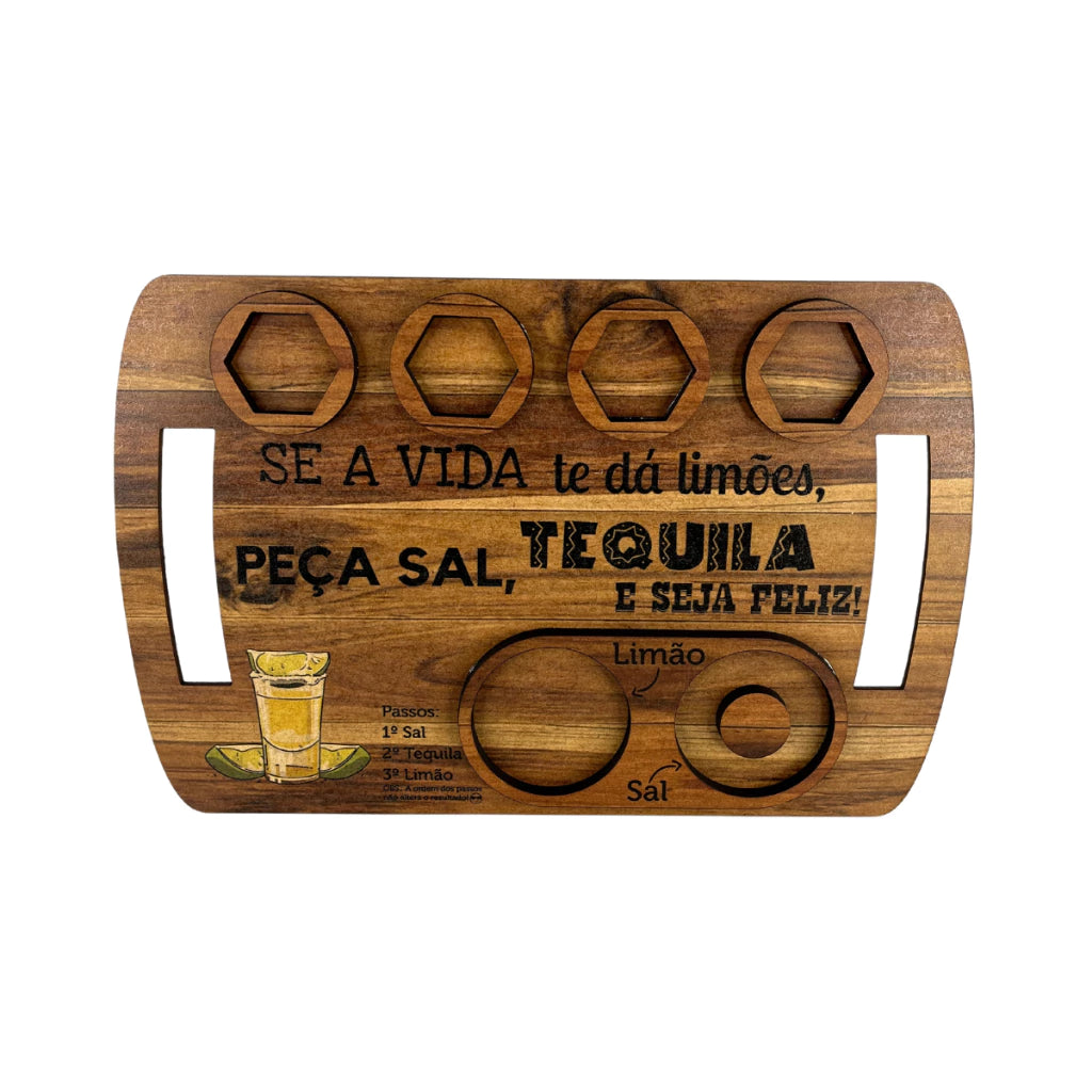 Kit Tábua de Shot em Madeira para Tequila com 4 Copos, Sal e Limão