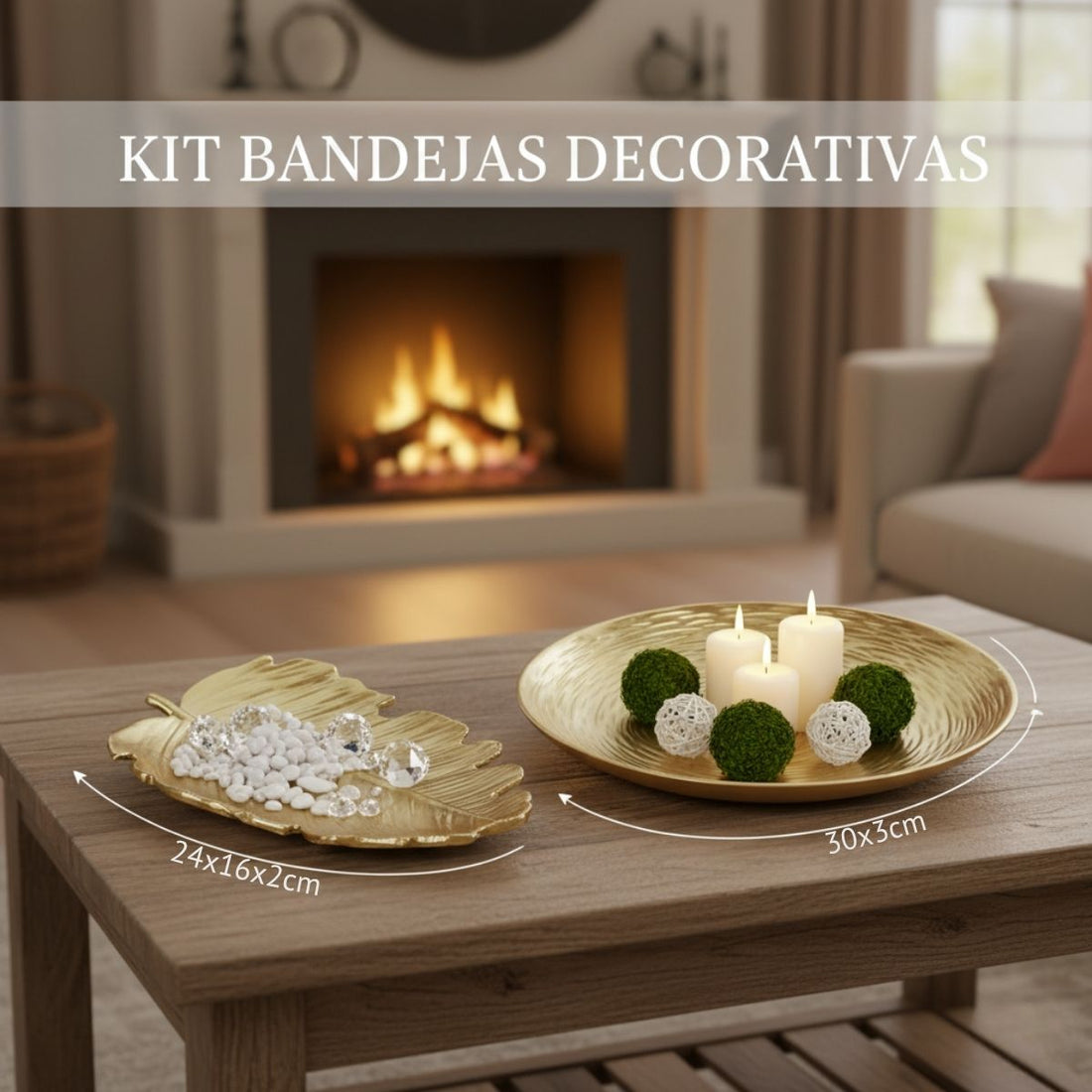 Kit Centro de Mesa Redondo 30cm + Folha Curva 24,5cm Zein Dourado