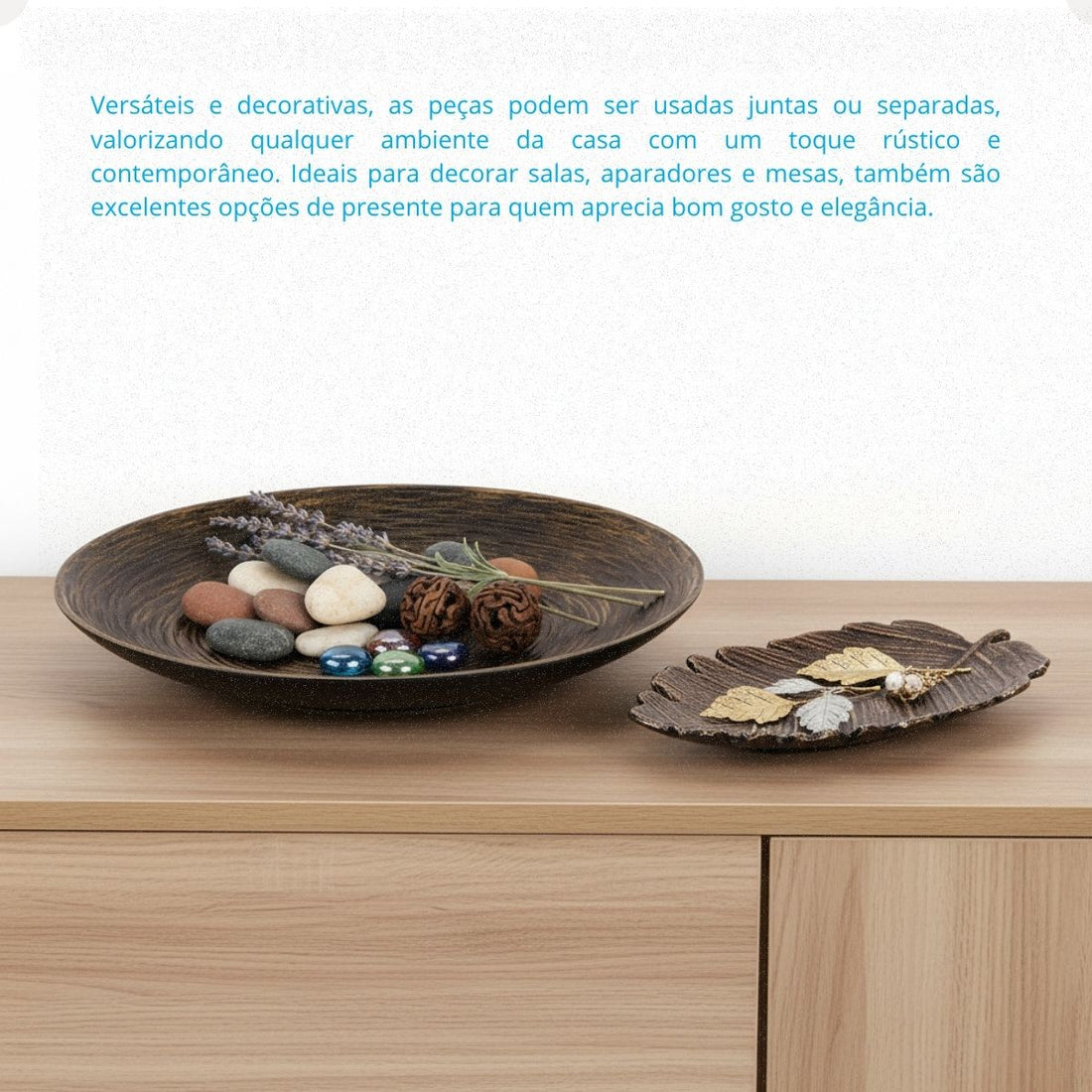 Kit Centro de Mesa Redondo 30cm + Folha Curva 24,5cm Zein Marrom Envelhecido