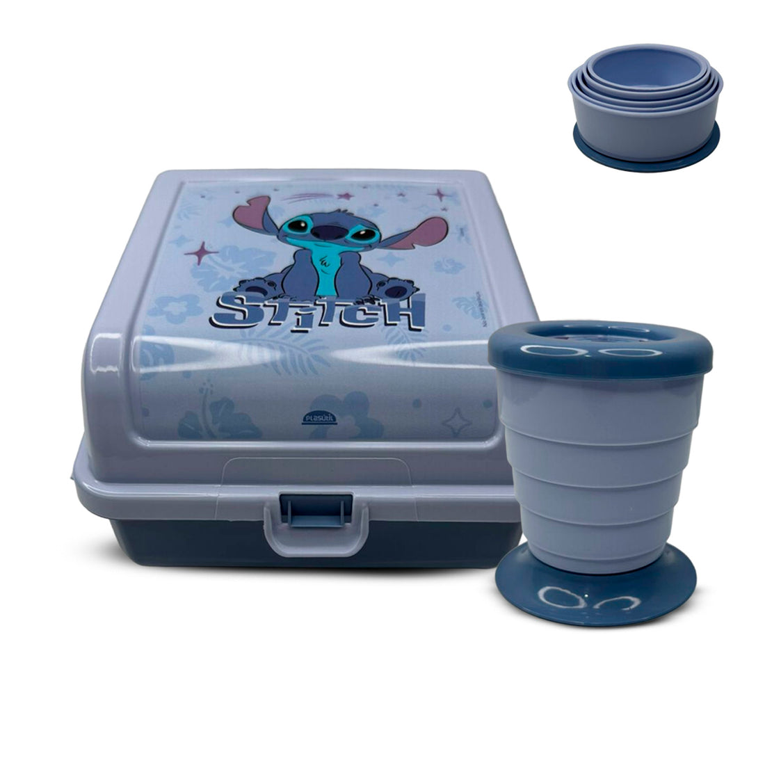 Kit Lancheira Duplex 1,3L e Copo Plástico Retrátil com Tampa 330ml Stitch