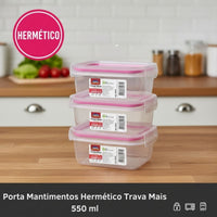 Kit Pote Plástico Hermético Trava Mais 3 peças 550ml Rosa