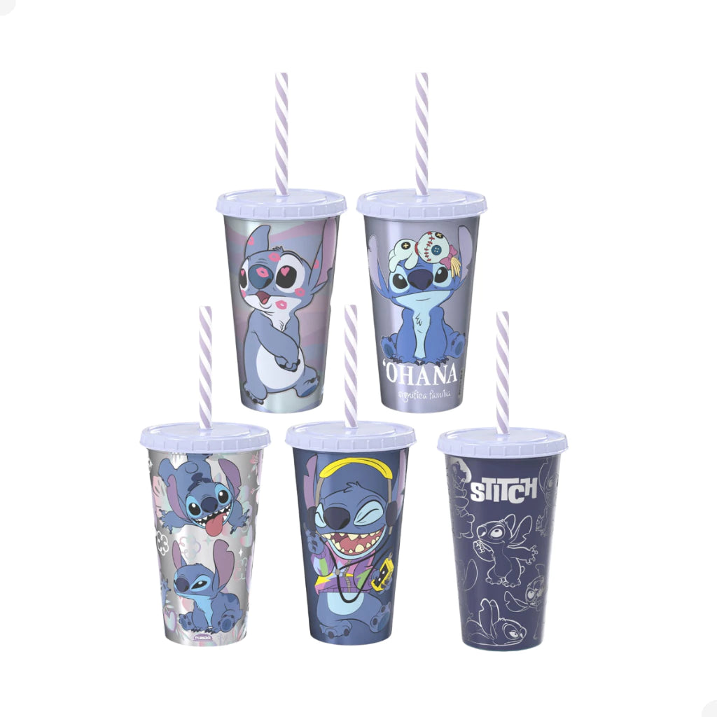 Copo com Tampa e Canudo Stitch – 500 ml (Sortido)