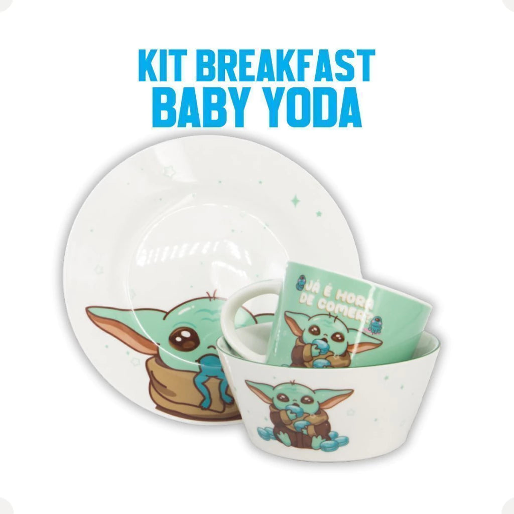 Conjunto Breakfast Baby Yoda em Cerâmica com Caneca, Bowl e Prato