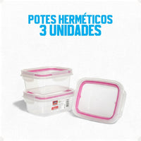 Kit Pote Plástico Hermético Trava Mais 3 peças 550ml Rosa