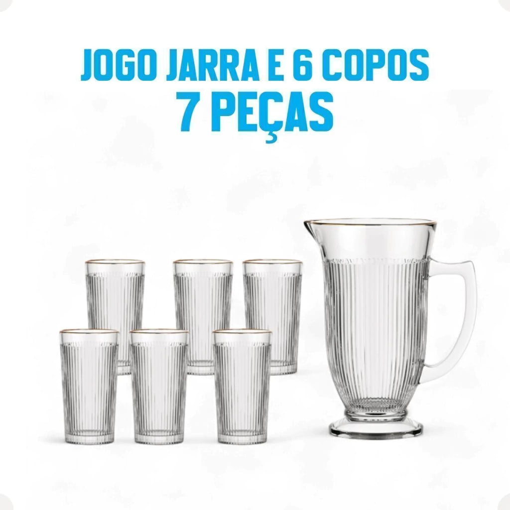 Jarra com 6 Copos de Vidro com Borda Dourada – Lila
