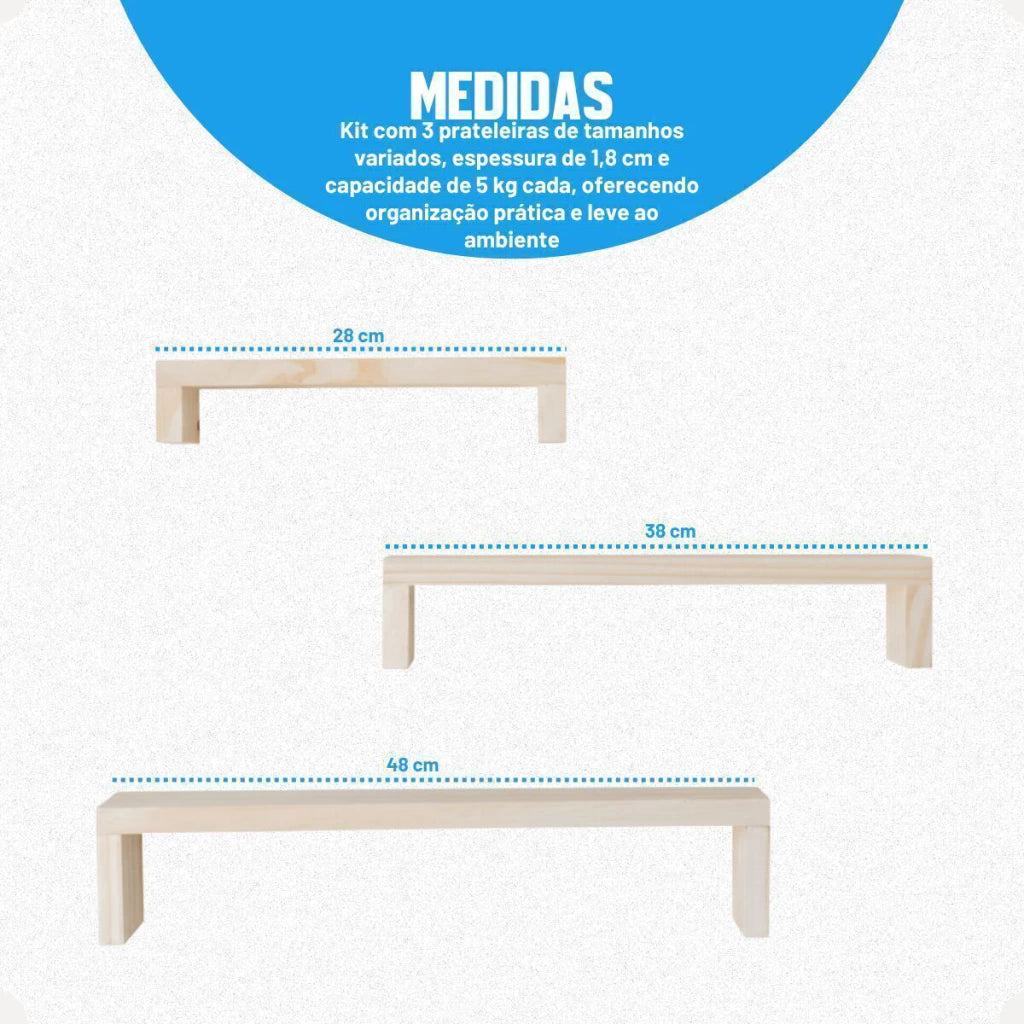 Conjunto de Prateleiras em Madeira Pinus – 3 Peças