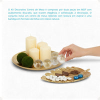 Kit Centro de Mesa Redondo 30cm + Folha Curva 24,5cm Zein Dourado