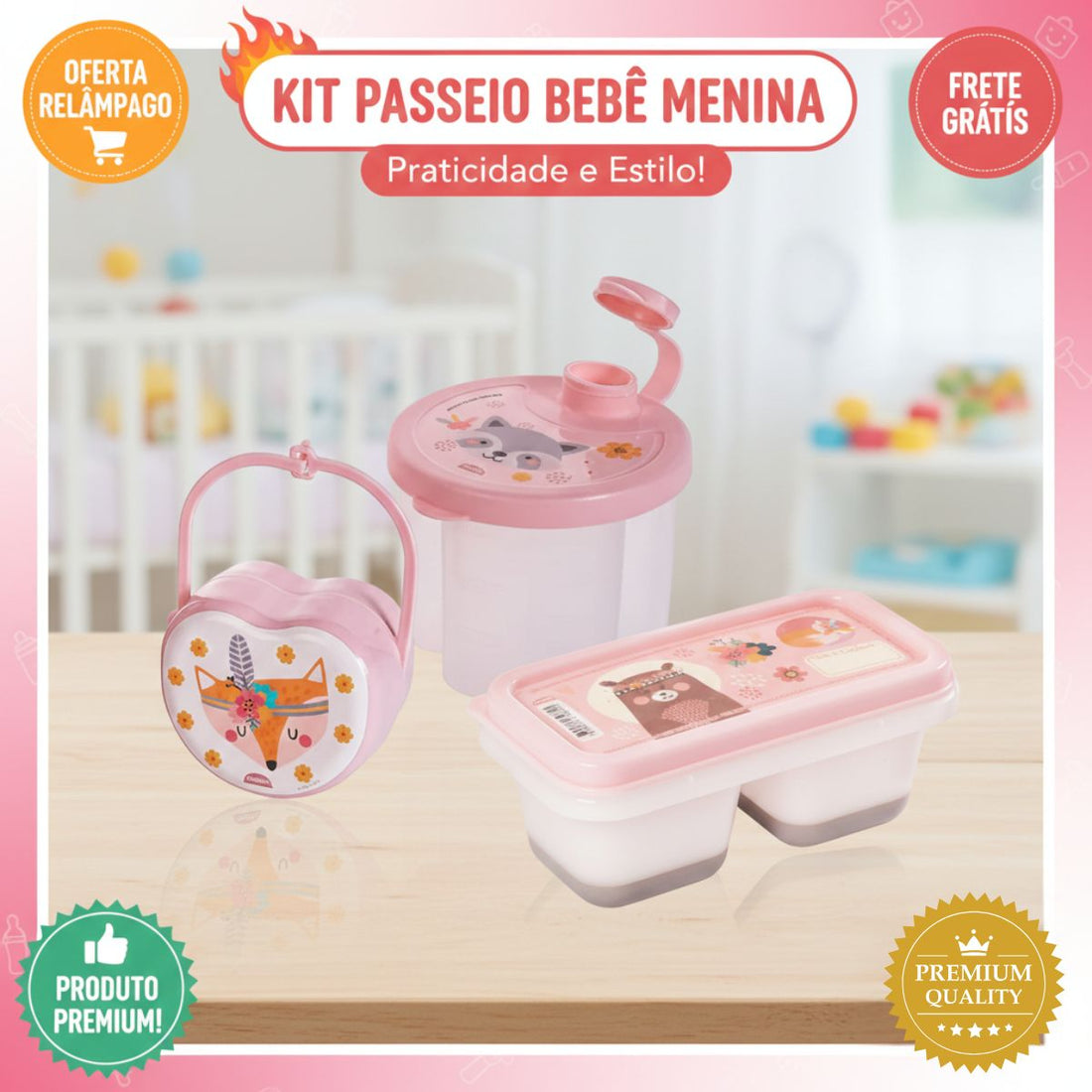 Kit Dosador de Leite em Pó 3 Compartimentos 300ml com Porta Chupeta com Alça e Porta Papinha Duplo com Encaixe 70ml Rosa