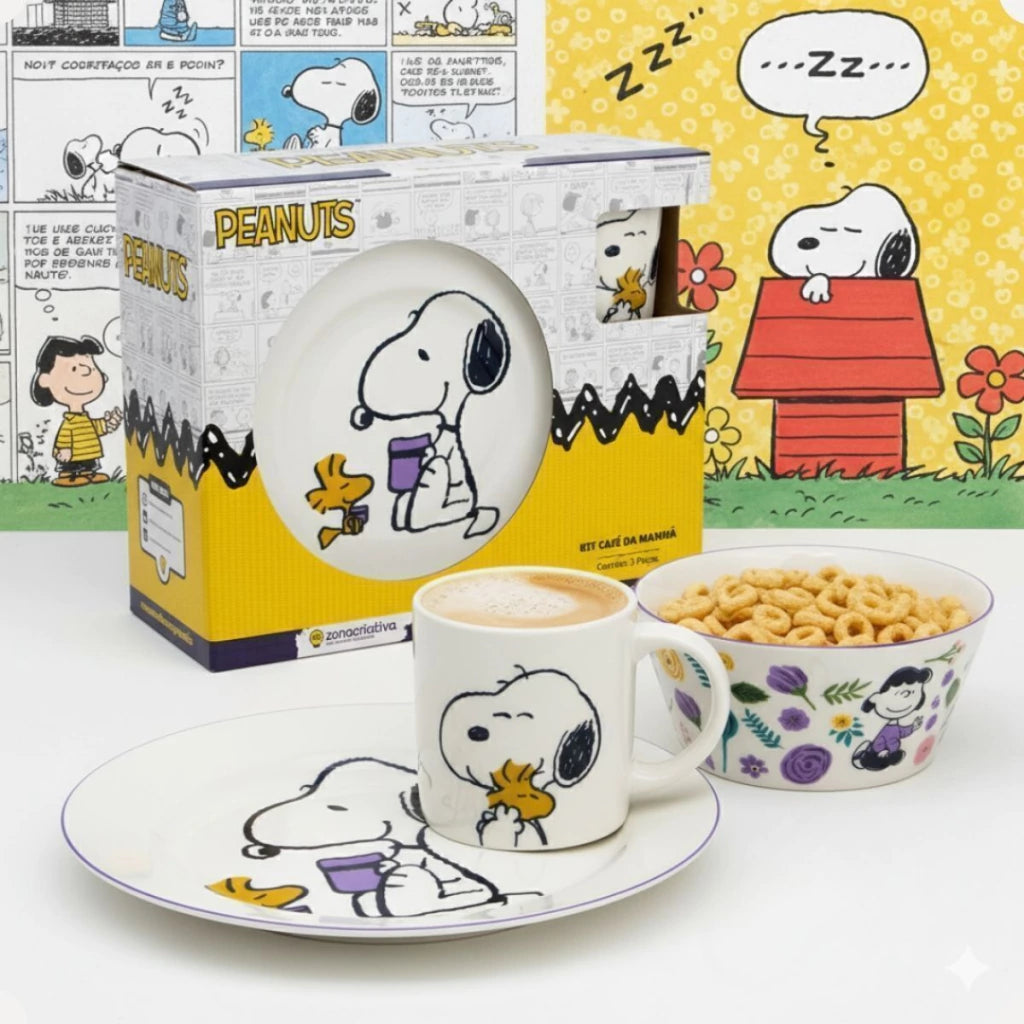 Conjunto Breakfast Snoopy em Cerâmica com Caneca, Bowl e Prato