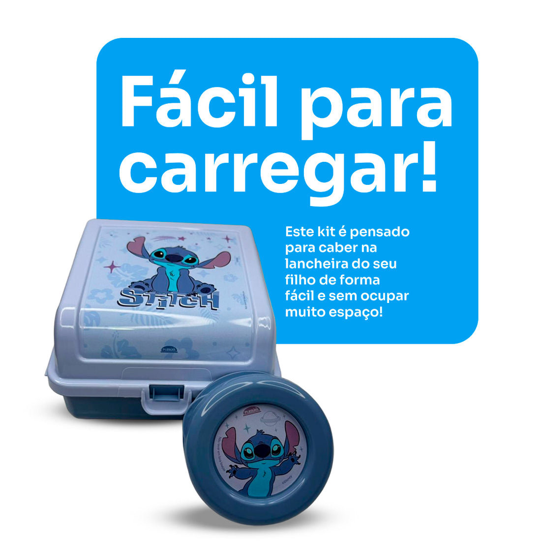 Kit Lancheira Duplex 1,3L e Copo Plástico Retrátil com Tampa 330ml Stitch