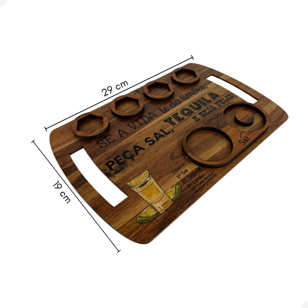 Kit Tábua de Shot em Madeira para Tequila com 4 Copos, Sal e Limão