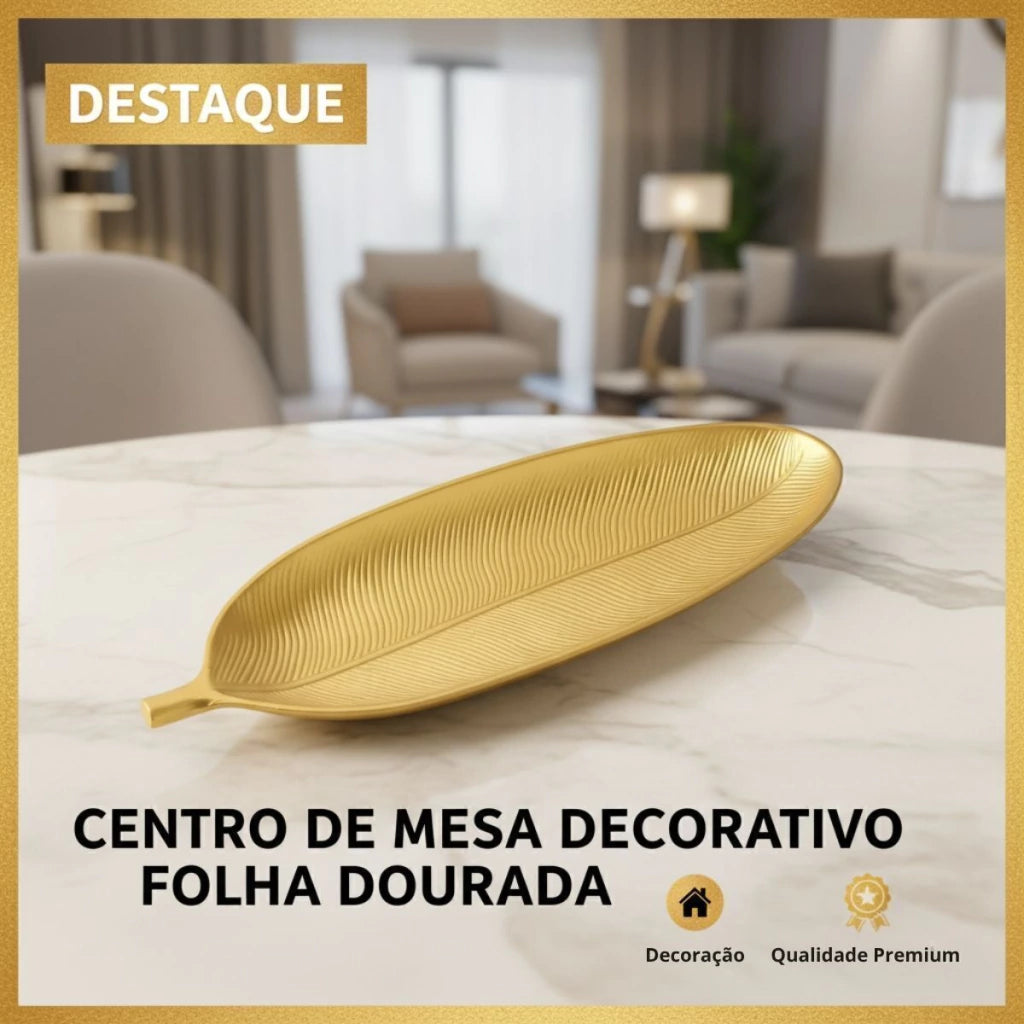 Centro de Mesa Decorativo em Formato de Folha Dourado – 40 x 14 cm