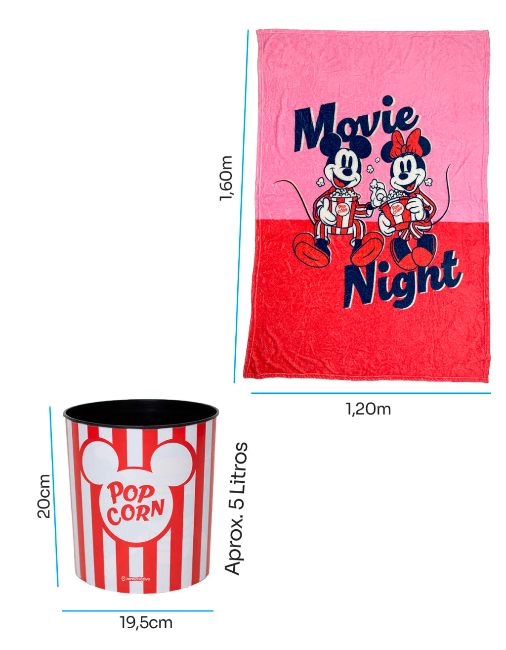 Conjunto Balde de Cinema com Manta Mickey e Minnie Namorados