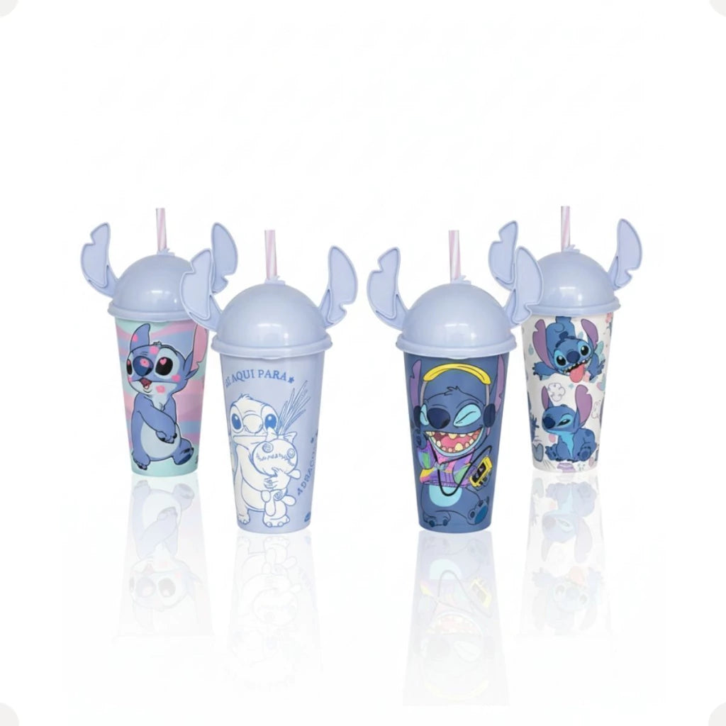 Copo Plástico Stitch com Tampa e Canudo – 500 ml (Sortido)