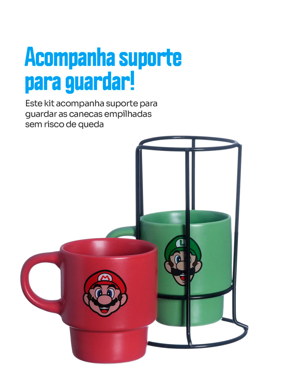 Conjunto com 2 Canecas Empilháveis Super Mario com Suporte – 150 ml