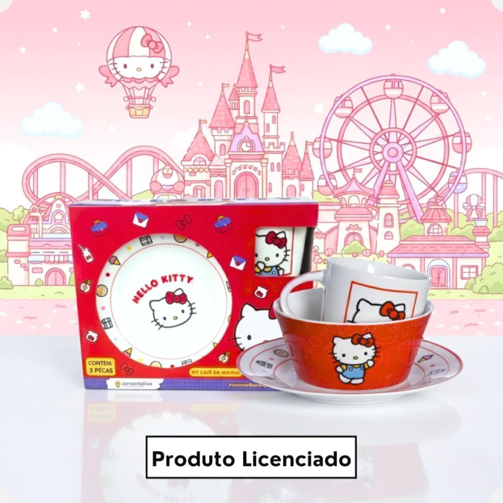 Conjunto Breakfast Hello Kitty em Cerâmica com Caneca, Bowl e Prato