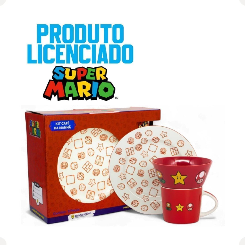 Conjunto Breakfast Super Mario em Cerâmica com Caneca, Bowl e Prato