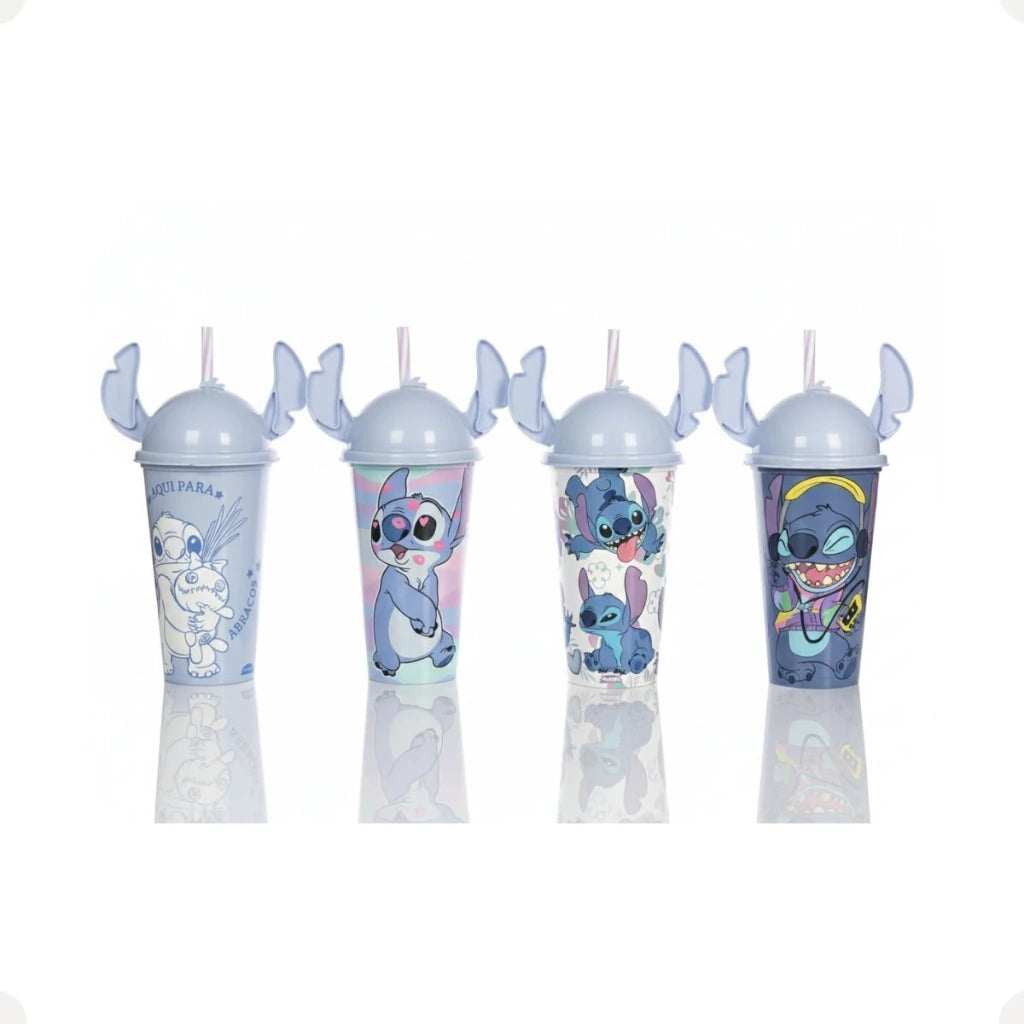 Copo Plástico Stitch com Tampa e Canudo – 500 ml (Sortido)
