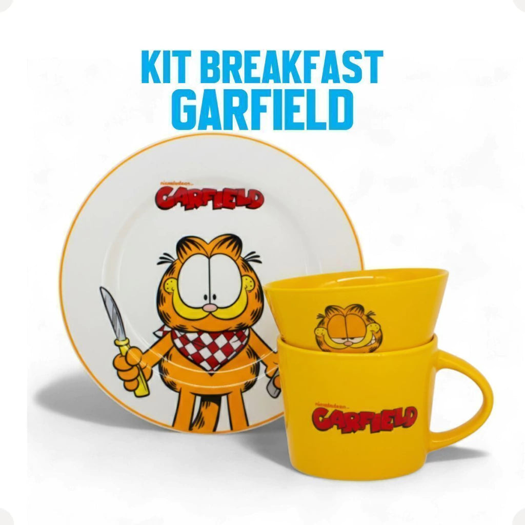 Conjunto Breakfast Garfield em Cerâmica com Caneca, Bowl e Prato