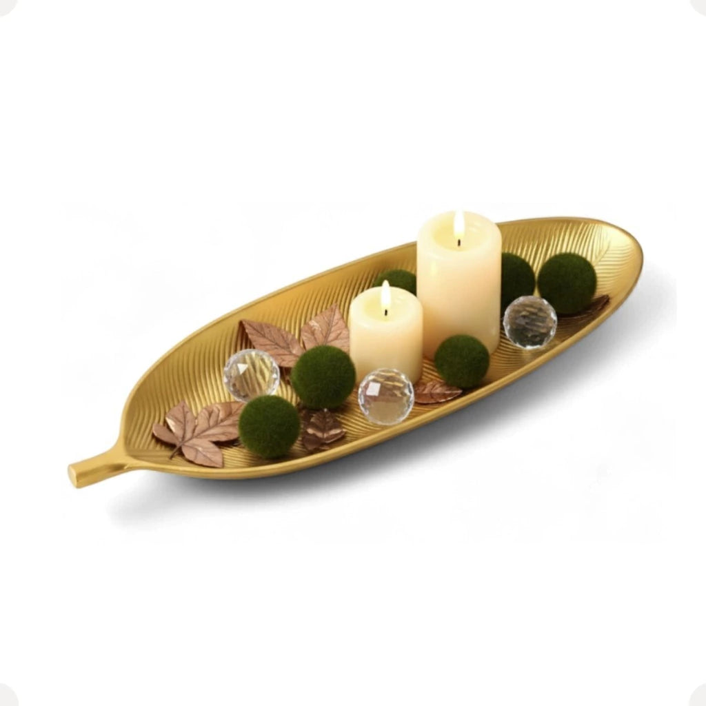 Centro de Mesa Decorativo em Formato de Folha Dourado – 40 x 14 cm