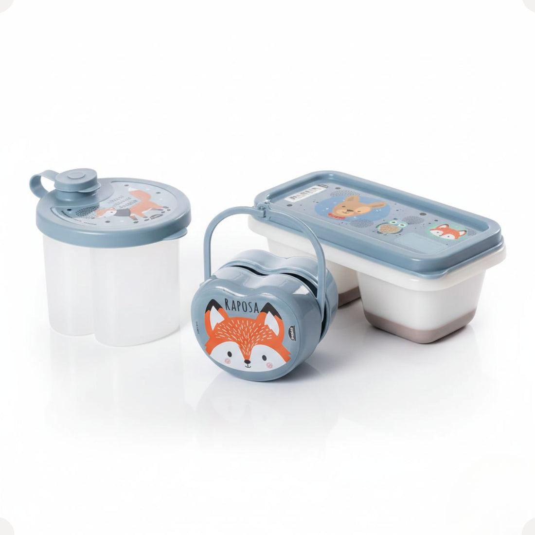 Kit Dosador de Leite em Pó 3 Compartimentos 300ml com Porta Chupeta com Alça e Porta Papinha Duplo com Encaixe 70ml Azul