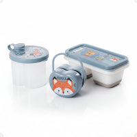 Kit Dosador de Leite em Pó 3 Compartimentos 300ml com Porta Chupeta com Alça e Porta Papinha Duplo com Encaixe 70ml Azul