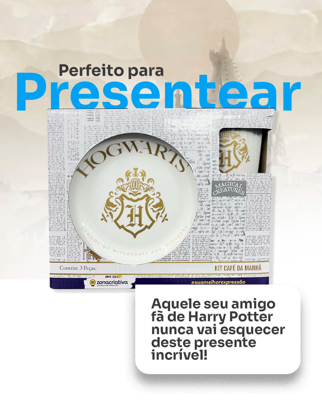 Conjunto Breakfast Harry Potter em Cerâmica com Caneca, Bowl e Prato