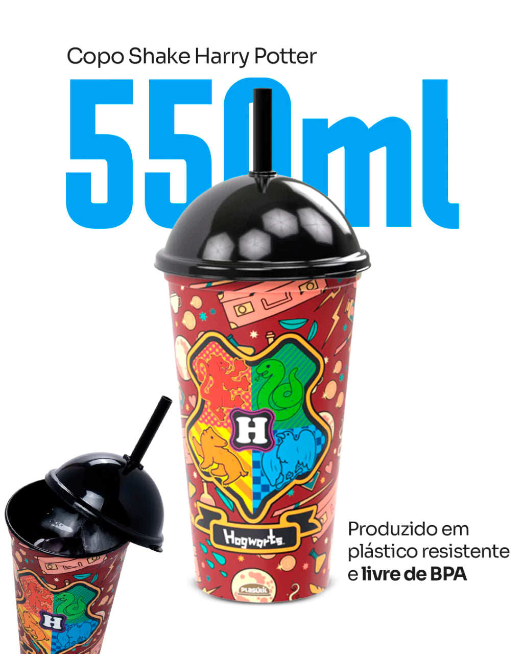 Copo Shake com Tampa e Canudo Harry Potter – 550 ml