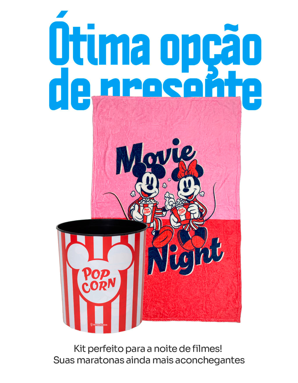 Conjunto Balde de Cinema com Manta Mickey e Minnie Namorados