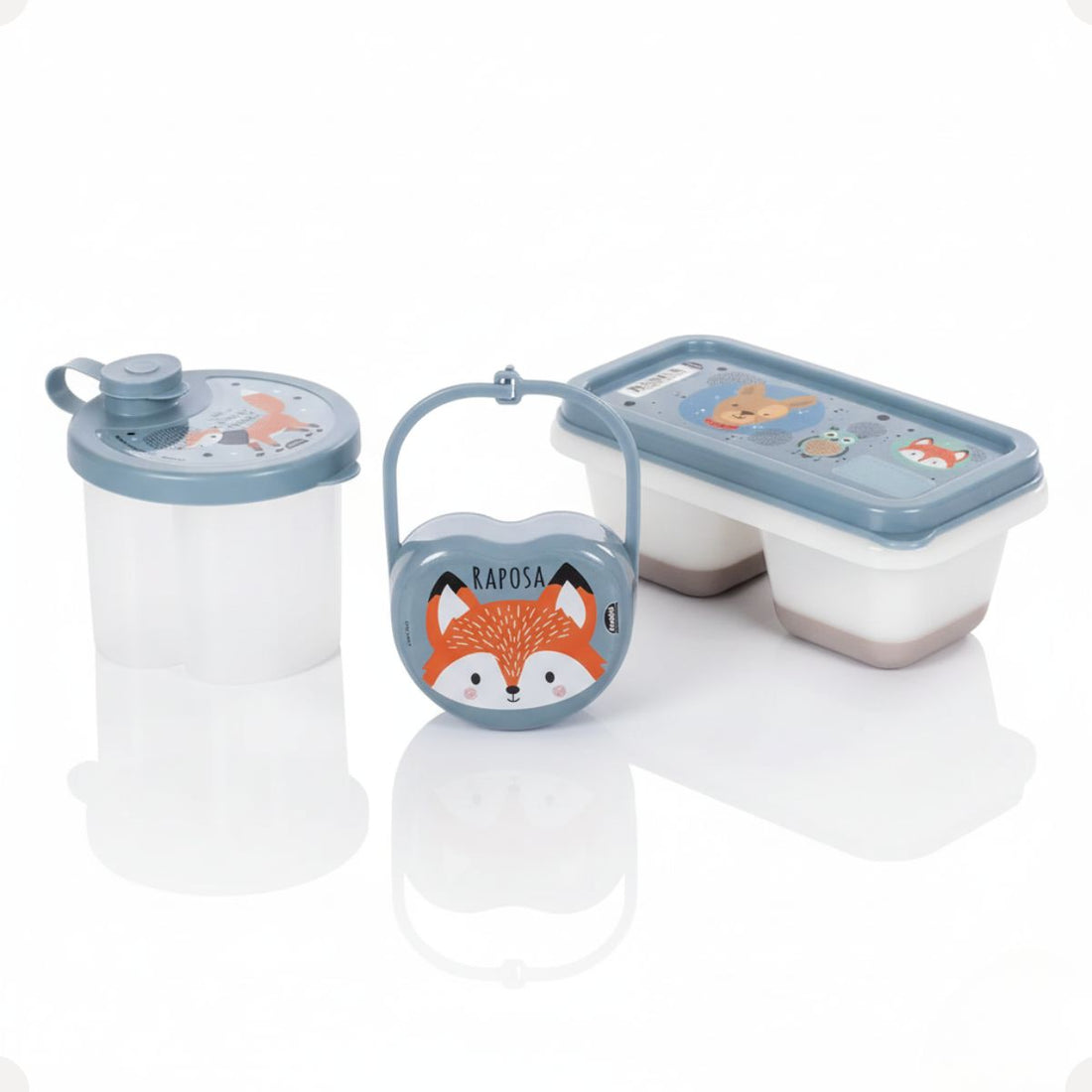 Kit Dosador de Leite em Pó 3 Compartimentos 300ml com Porta Chupeta com Alça e Porta Papinha Duplo com Encaixe 70ml Azul