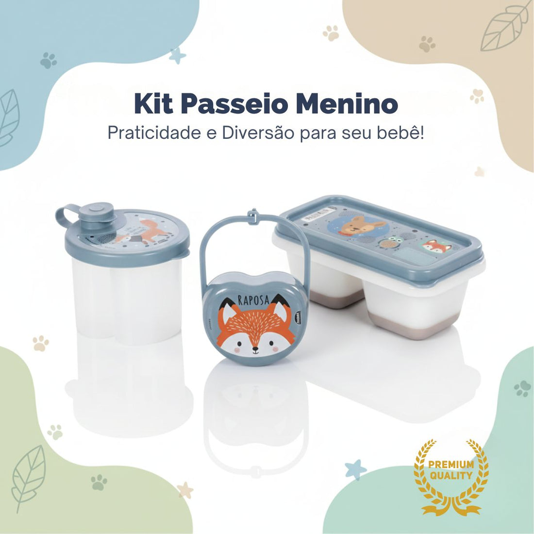 Kit Dosador de Leite em Pó 3 Compartimentos 300ml com Porta Chupeta com Alça e Porta Papinha Duplo com Encaixe 70ml Azul