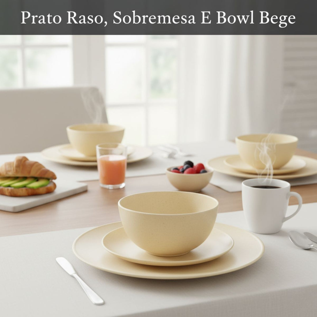 Kit Mesa Posta Fibra de Bambu Bowl 600ml + Prato 20cm + Prato 27cm Bege