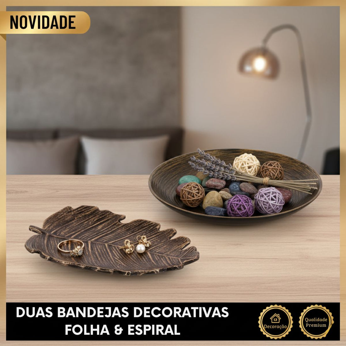 Kit Centro de Mesa Redondo 30cm + Folha Curva 24,5cm Zein Marrom Envelhecido