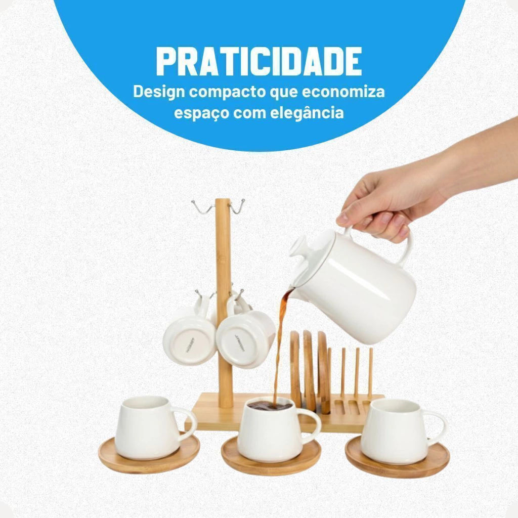 Conjunto de Xícaras Oasis em Cerâmica 90 ml – 13 Peças com Suporte