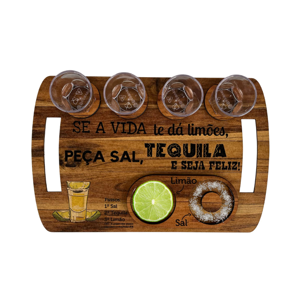 Kit Tábua de Shot em Madeira para Tequila com 4 Copos, Sal e Limão