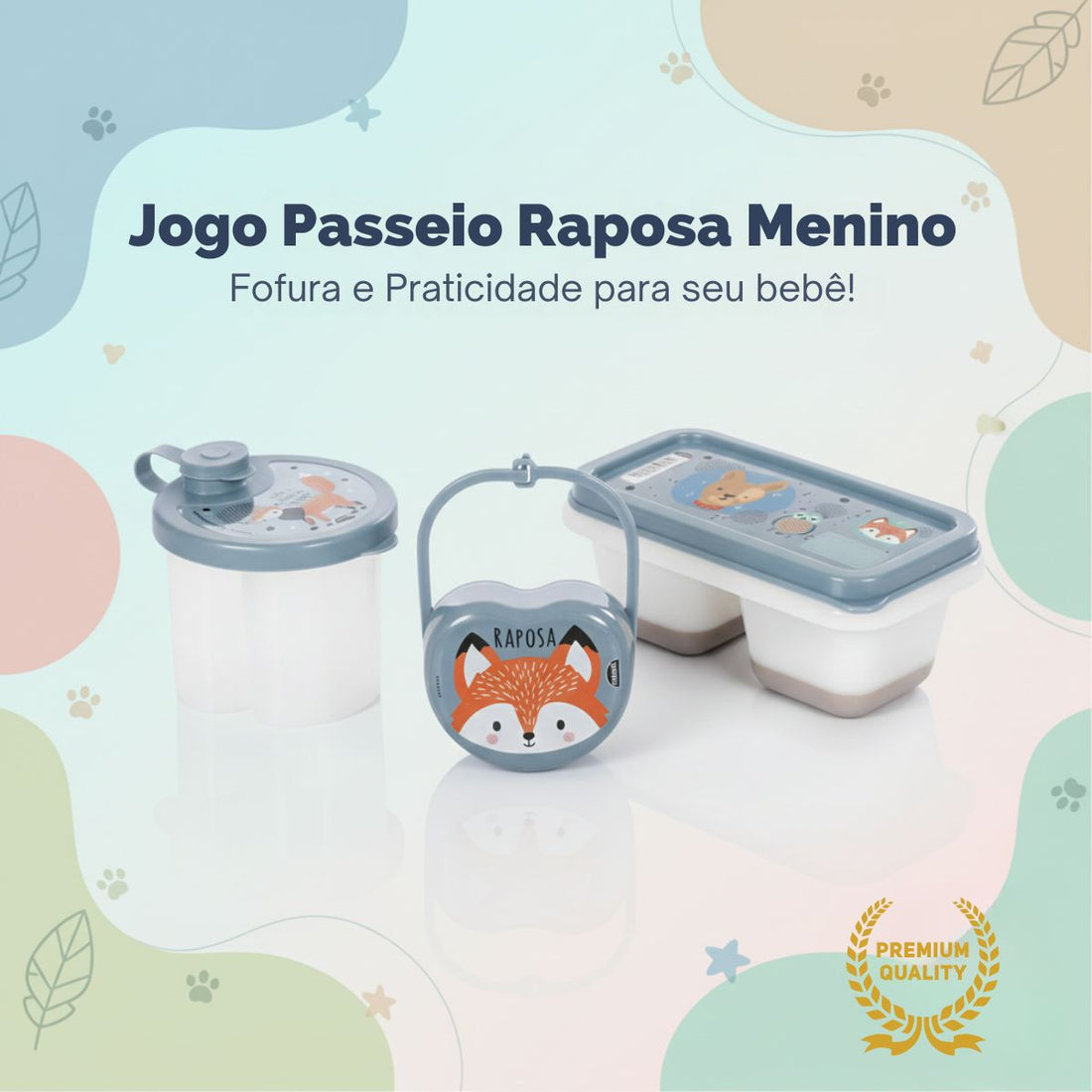 Kit Dosador de Leite em Pó 3 Compartimentos 300ml com Porta Chupeta com Alça e Porta Papinha Duplo com Encaixe 70ml Azul