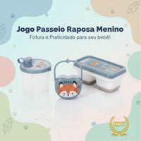 Kit Dosador de Leite em Pó 3 Compartimentos 300ml com Porta Chupeta com Alça e Porta Papinha Duplo com Encaixe 70ml Azul