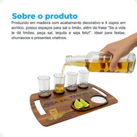 Tábua de Shot para Tequila em MDF com 4 Copos, Sal e Limão