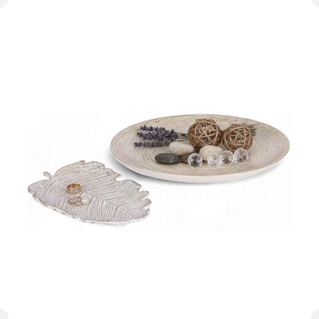 Kit Centro de Mesa Redondo 30cm + Folha Curva 24,5cm Zein Branco Dourado