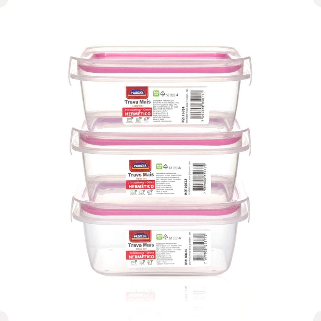 Kit Pote Plástico Hermético Trava Mais 3 peças 550ml Rosa