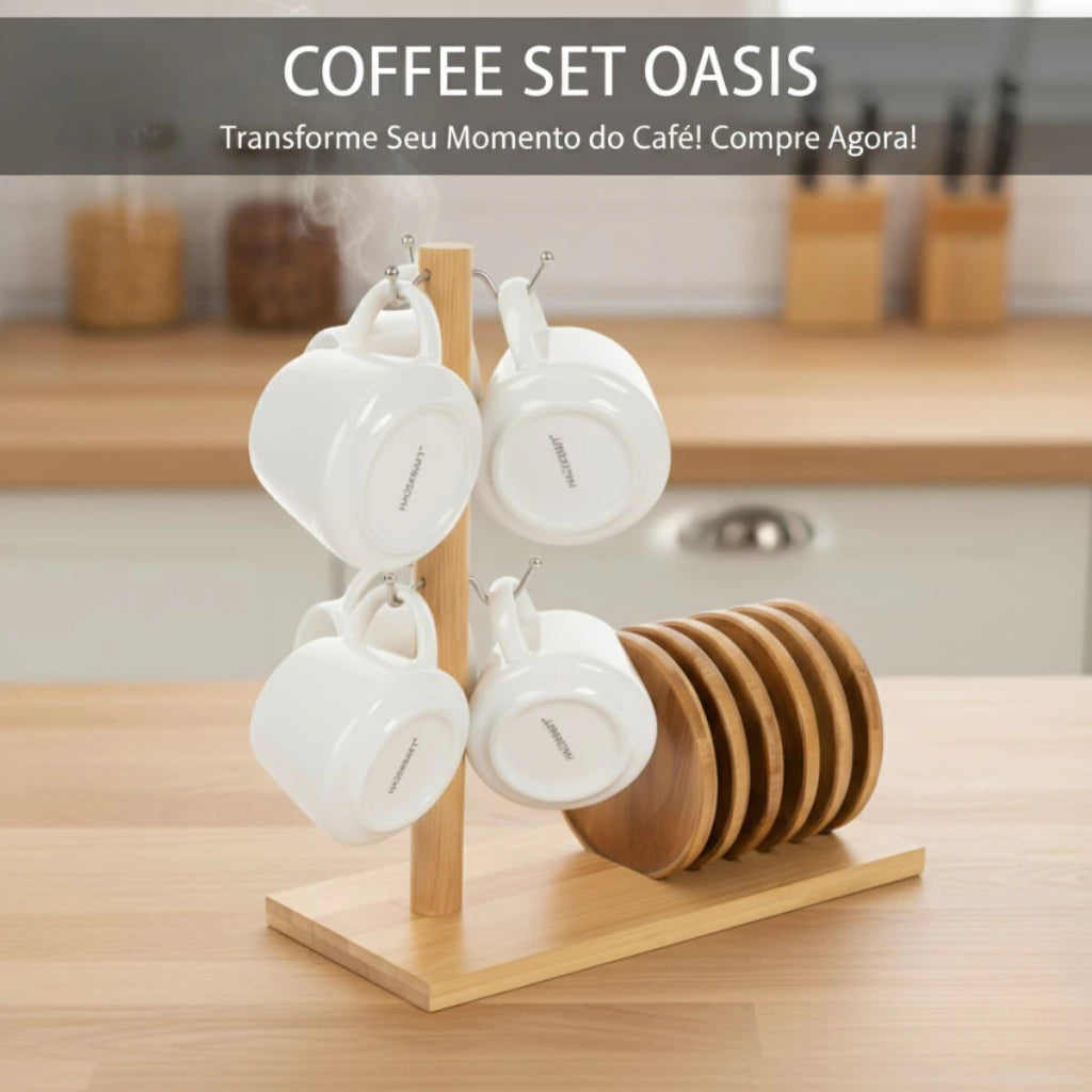 Conjunto de Xícaras Oasis em Cerâmica 90 ml – 13 Peças com Suporte