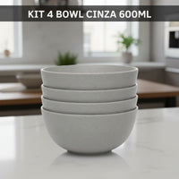 Kit Bowl Fibra de Bambu 600ml 4 peças Cinza