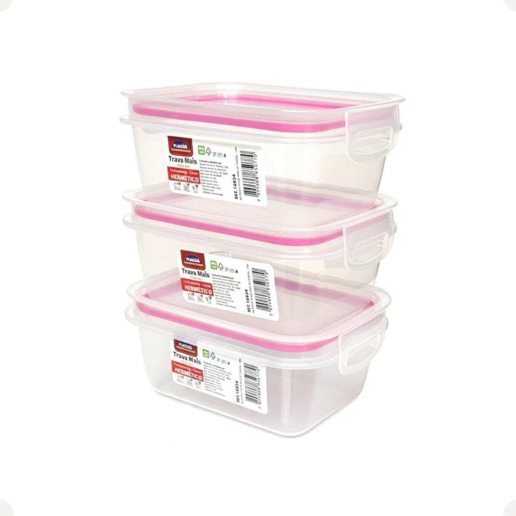 Pote Plástico Hermético com Trava – 550 ml Rosa