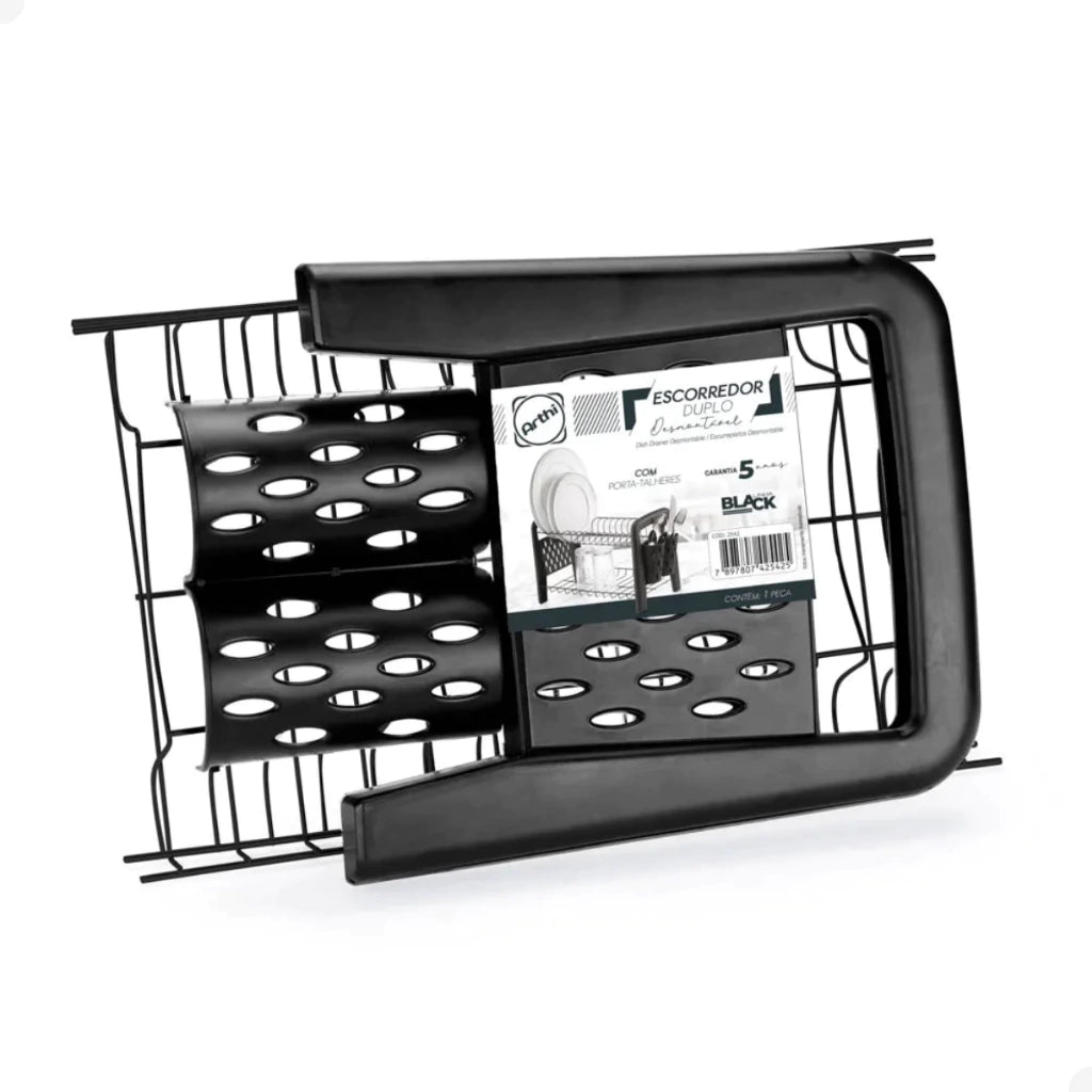 Escorredor de Louças Desmontável para Pia ou Balcão com Porta-Pratos, Copos e Talheres – Preto Arthi
