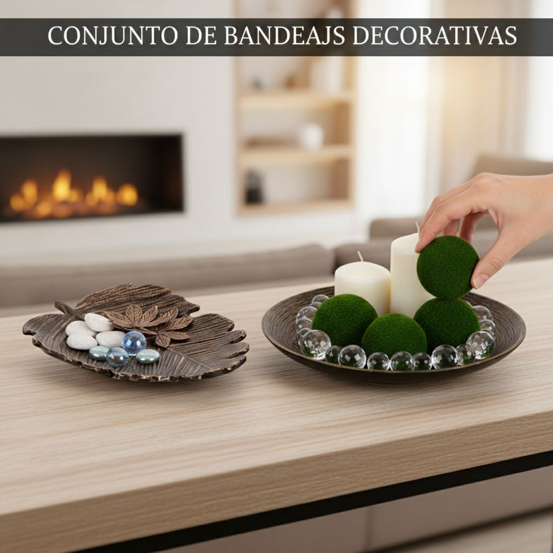 Kit Centro de Mesa Redondo 30cm + Folha Curva 24,5cm Zein Marrom Envelhecido
