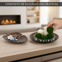 Kit Centro de Mesa Redondo 30cm + Folha Curva 24,5cm Zein Marrom Envelhecido